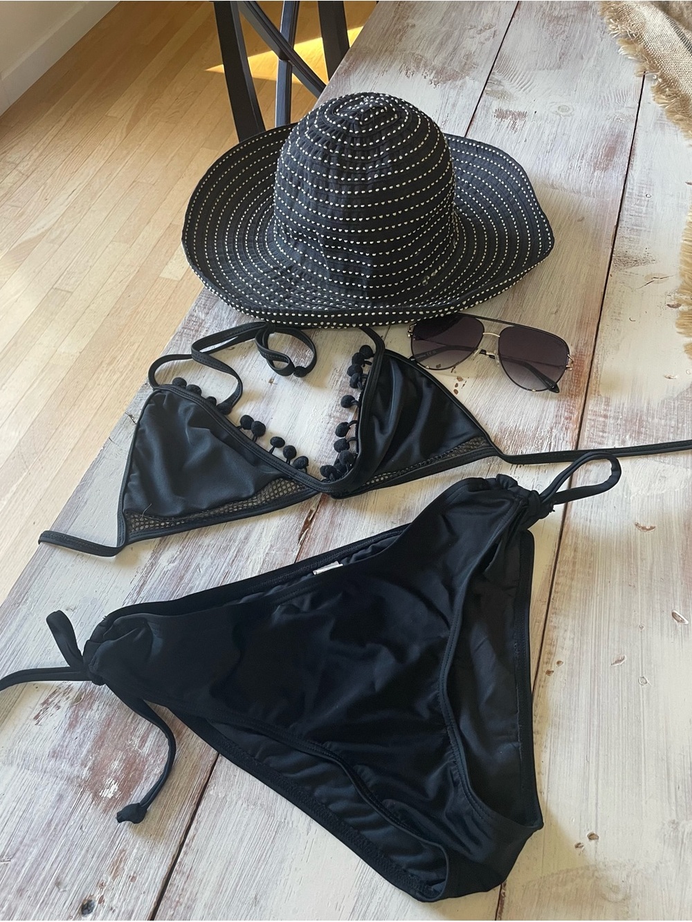Black Pom-Trim Triangle Bikini Set with Tie-Side Bottoms - Women Swim